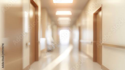 Blurred modern hospital corridor background.