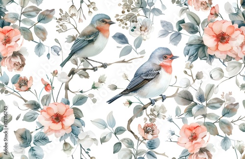 watercolor floral and bird pattern, pastel colors, white background, vintage style, seamless pattern