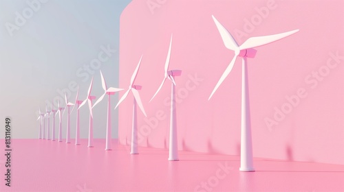 Mini wind turbines line up, pastel backdrop view from an aerial angle.