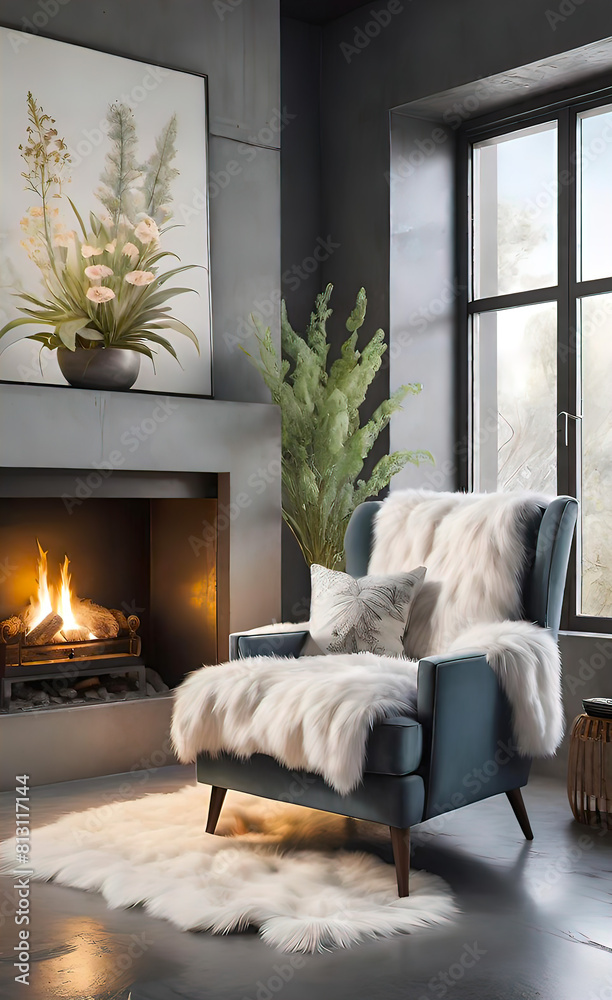 Fototapeta premium An accent chair against a white wall with a fireplace. Loft interior design of a modern living room. background for smartphone and advertising