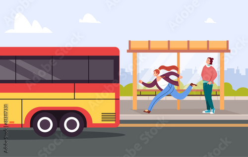 People character late and running bus concept. Vector cartoon graphic design element illustration