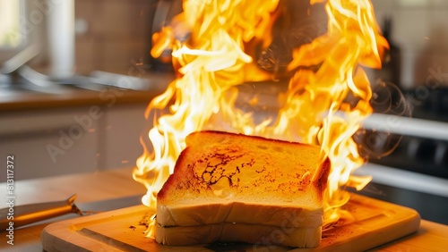Toaster caught fire due to mishandling causing a short circuit. Concept Kitchen Fire, Appliance Safety, Electrical Hazards, Home Safety, Fire Prevention photo