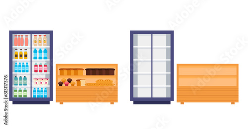 Food grocery product refrigerator empty and full concept. Vector cartoon graphic design element illustration