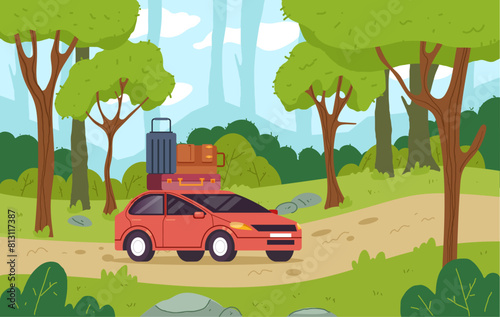 Traveling by car camping hiking vacation concept. Vector cartoon graphic design element illustration