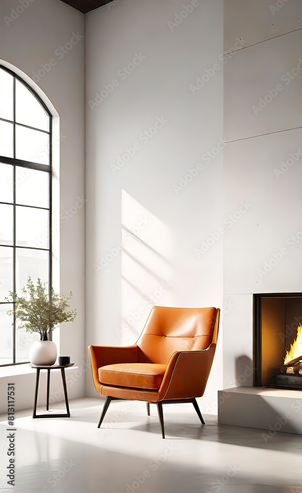 Fototapeta premium An accent chair against a white wall with a fireplace. Loft interior design of a modern living room. background for smartphone and advertising