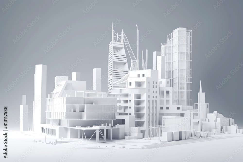 Detailed white paper model showcasing an intricate city layout with buildings, roads, and landmarks