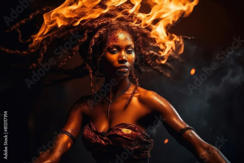 A woman with dreadlocks is depicted with fire integrated into her hair, creating a striking visual element