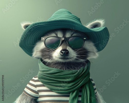 Elegant summer tourist raccoon with stylish neck scarf, sunglasses and sunhat, ready for summer vacations