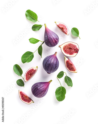 Flying in air fresh ripe whole and cut Figs isolated on pastel white background