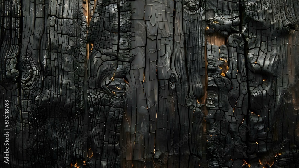 Obraz premium Charred wood texture ideal for displaying grilled food with copy space. Concept Charred Wood Texture, Grilled Food Display, Copy Space, Food Photography