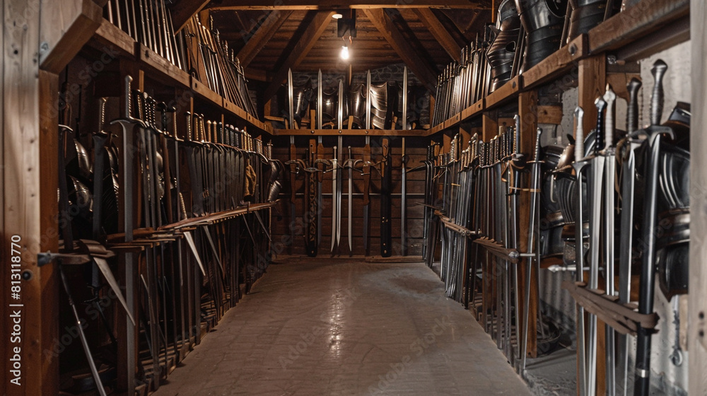 Fototapeta premium Empty historical weapons storage shed with racks for swords and armor, all meticulously preserved but unused.