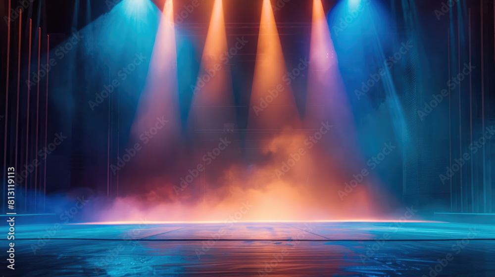 Modern dance stage light background with spotlight for modern dance production stage. Empty stage with dynamic color washes.