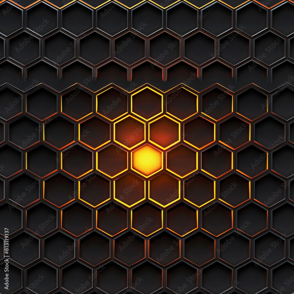 A dark hexagon pattern with an orange glow in the center, perfect for mobile wallpaper or gaming background design. The dark color palette and glowing effect create a futuristic vibe while maintaining A dark hexagon pattern with an orange glow in the center, perfect for mobile wallpaper or gaming background design. The dark color palette and glowing effect create a futuristic vibe while maintaining