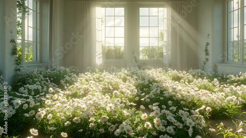 A room overflowing with an abundance of white flowers in full bloom, creating a serene and enchanting atmosphere.