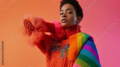 Stunning Fashion Model in Colorful Autumn Attire Against a Vibrant Background