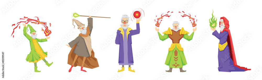 Different Wizard Male Character in Robe Do Spell Vector Set Different Wizard Male Character in Robe Do Spell Vector Set