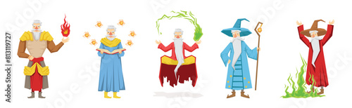 Different Wizard Male Character in Robe Do Spell Vector Set