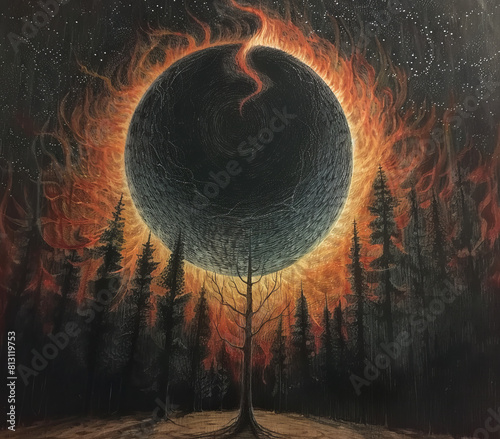 Surreal Art of Tree with Fiery Cosmic Background