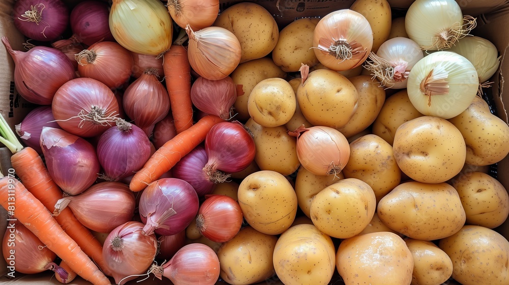 Basket of potatoes, onions, carrots seen from an angled view. Basket of potatoes, onions, carrots seen from an angled view.