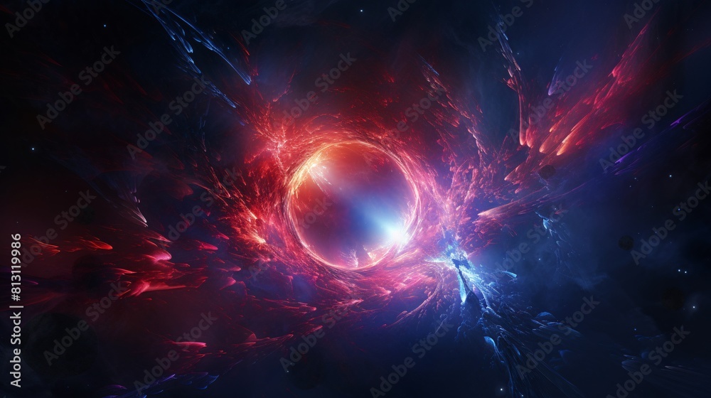 Fototapeta premium Abstract cosmic background features a spectacularly planet. A black star shines in the interstellar space wallpaper.