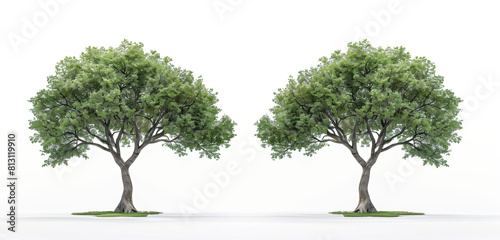 two realistic trees on white background  one tree is smaller than the other and more narrow  both have lush green leaves  photorealistic  detailed  high resolution  professional photograph  high detai