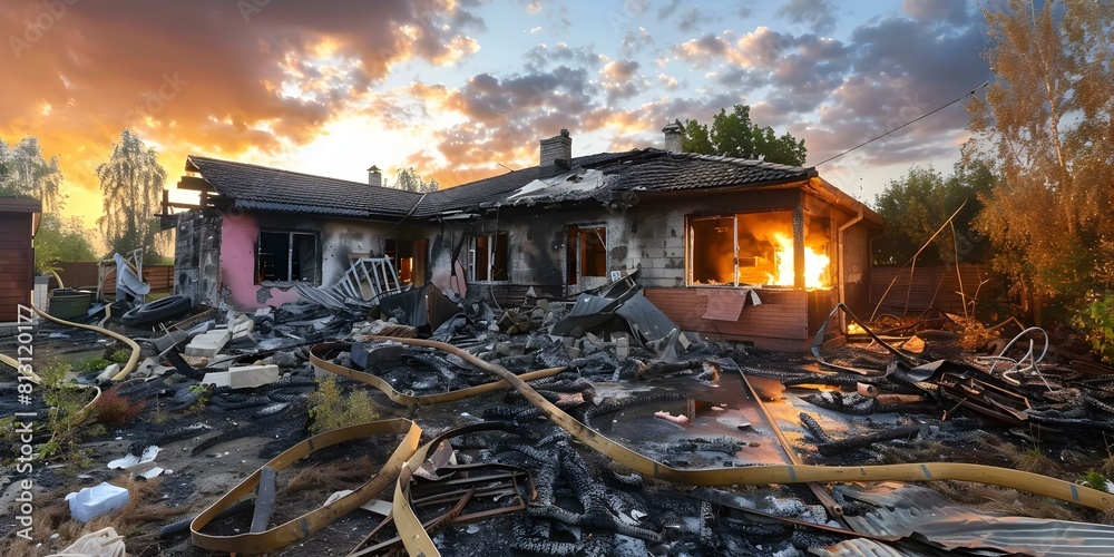 Rural house destroyed by fire leaving only charred debris and devastation. Concept House Fire, Destruction of Property, Devastation, Rebuilding Efforts, Recovery Process