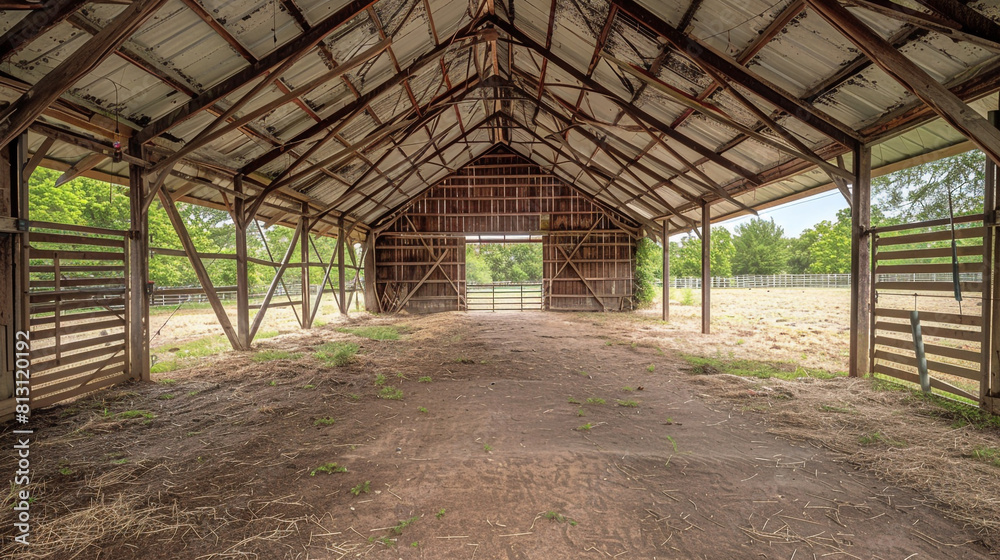 Empty livestock shed with high rafters and a dirt floor, gates open to the surrounding pasture, completely vacant. Empty livestock shed with high rafters and a dirt floor, gates open to the surrounding pasture, completely vacant.