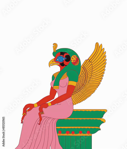 Vibrant Illustration of Egyptian Goddess with Falcon Features