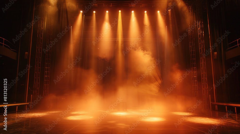 Empty concert stage with illuminated spotlights and smoke. Stage background , white spotlight and smoke