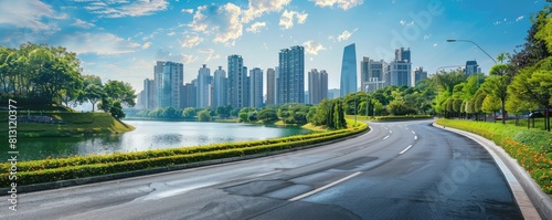 A view of a road highway with lake and park with many flowers around . Beautiful landscape views.