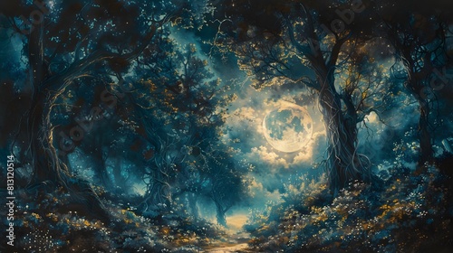 Paint a mystical forest bathed in the soft light of the moon, with mysterious shadows, ancient trees, and glimpses of fantastical creatures lurking in the darkness photo