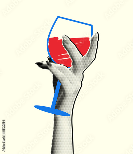 Woman hand with a halftone effect holds a glass of wine in a doodle style. Vector illustration in retro collage style.