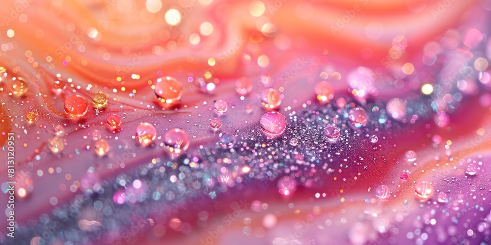 Close-up of vibrant surface covered in small water droplets, creating an abstract and colorful pattern. Close-up of vibrant surface covered in small water droplets, creating an abstract and colorful pattern.