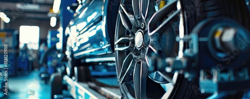 A close up of the car equipment and vehicle wheel , very nice new wheel alignment.