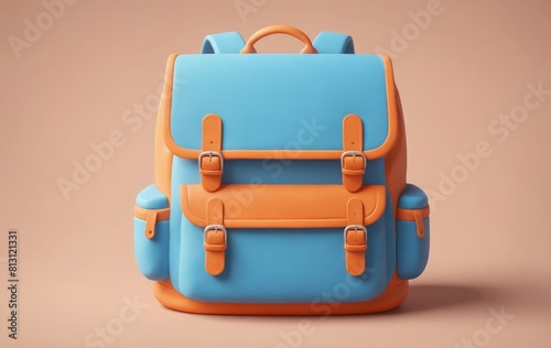 Electric blue and orange backpack resting on table