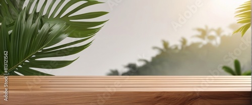 Minimal natural wood podium with green palm leaf with sunlight background. Minimal wooden stand for branding and packaging presentation