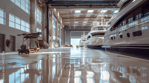 Empty luxury yacht maintenance shed with tools for polishing and repair, clean and orderly, waiting for sea-bound vessels.