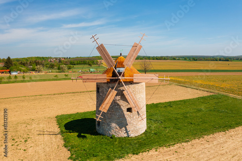 Aerial view about traditional windmill at Tes, Veszprem county, Hungary. Hungarian name is Tesi szelmalmok. photo