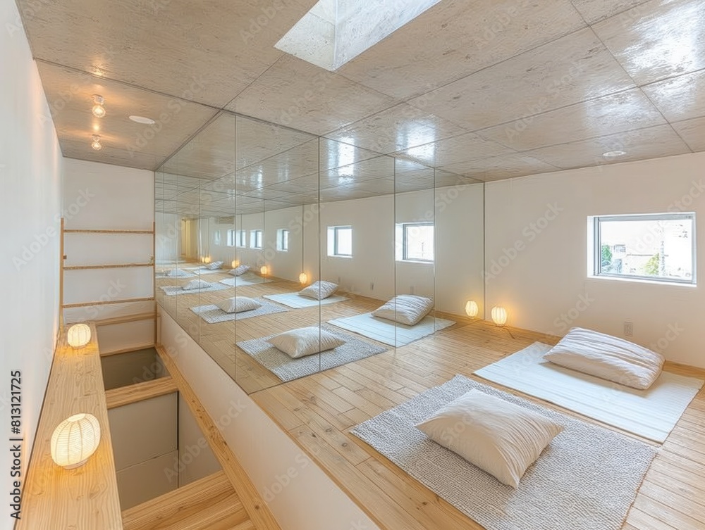 A room with a lot of mirrors and white walls. The room is very spacious and has a lot of natural light A room with a lot of mirrors and white walls. The room is very spacious and has a lot of natural light