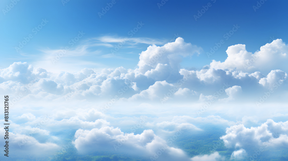 Naklejka premium Panoramic view of a blue sky adorned with cotton-like clouds, providing a simple and timeless backdrop