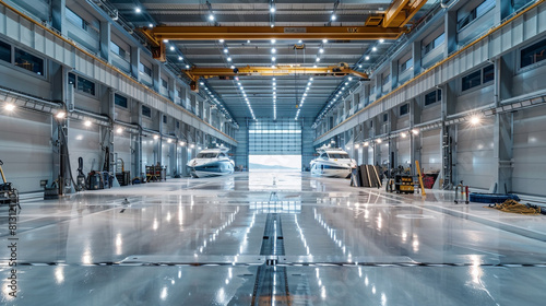 Empty luxury yacht maintenance shed with tools for polishing and repair, clean and orderly, waiting for sea-bound vessels.