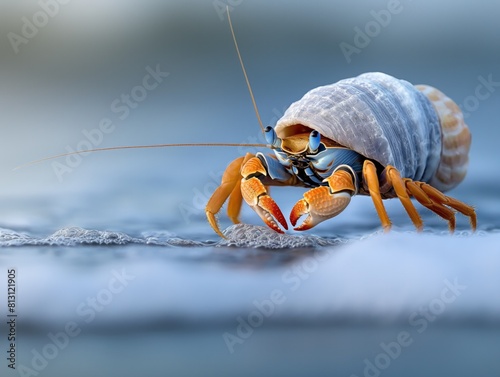 A crab is shown in a blue and white background. The crab is in a shell and he is looking up photo