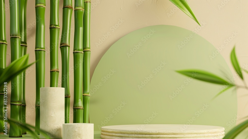 Obraz premium On a soft beige background, elegant green bamboo rods stand next to plaster podiums in a serene and natural atmosphere. Bamboo stems, with their vibrant hue and organic texture.