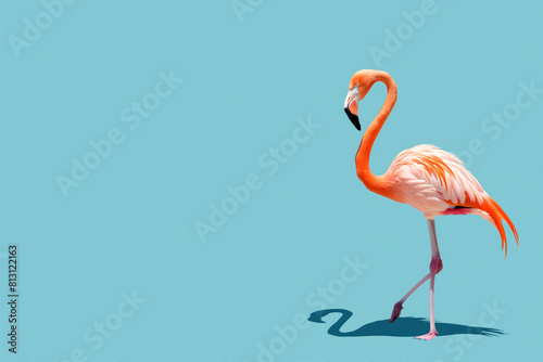Pink flamingo on light blue background with copy space. Summer banner photo