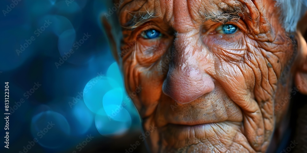 Closeup of elderly mans wrinkled face with prominent upper wrinkles. Concept Portrait Photography, Elderly Man, Wrinkled Face, Closeup Shot, Wrinkle Details