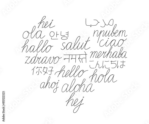 Hello write calligraphy word, continuous line drawing. Greeting on different language. Vector illustration photo