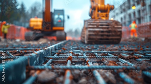 Dynamic view of an urban construction site featuring close-up of reinforcement bars with heavy machinery and workers in the background.