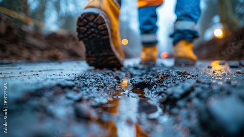 Close-up view of a muddy trail, focusing on a worker's yellow boots walking in a wet environment. In the construction site.