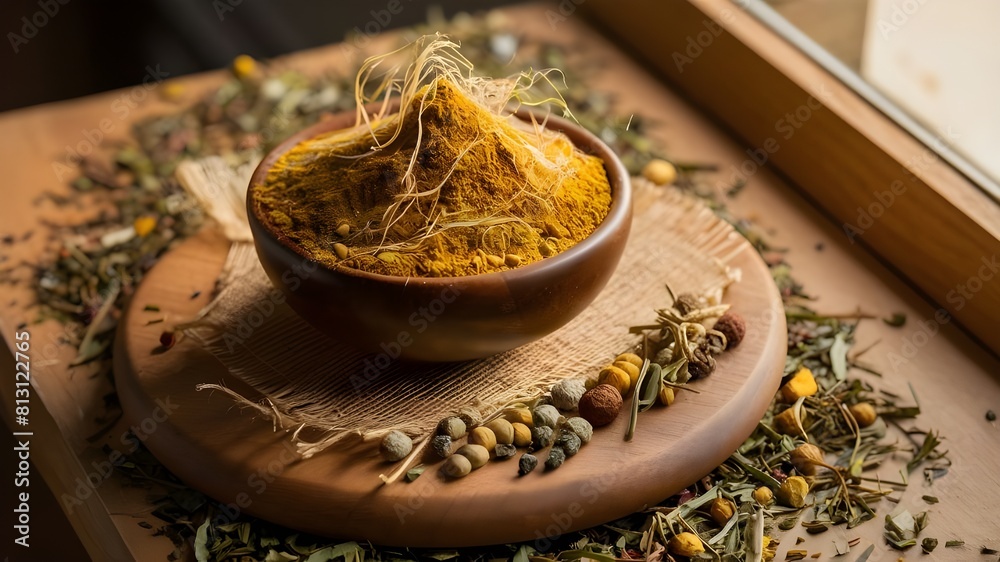 A bowl of spices with a wooden spoon and a bowl of spices on top of it.