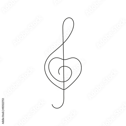 Music treble clef with heart love, continuous one art line drawing. Music concept. Hand drawn doodle sketch. Vector illustration